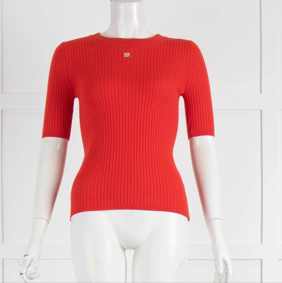 T1 Sandro Red Ribbed Short Sleeve Top Size Med/large - Picture 1 of 10